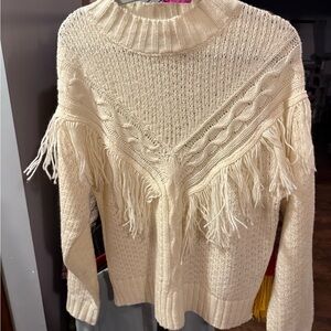 Cream Cable Knit Sweater with Fringe